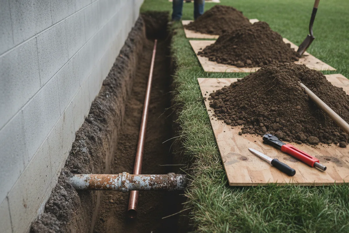 Excavated water line trench during Sewer Line Repair in Scio